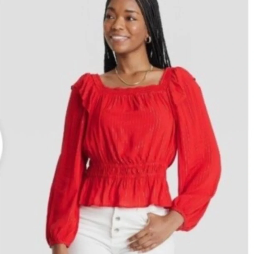 Universal Thread Women’s Red Long Sleeve Blouse with Ruffle Detail Size Medium - Picture 2 of 8